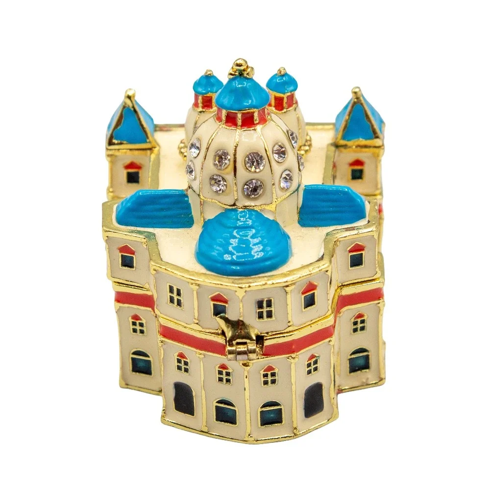 Work of Art Enameled Cathedral Trinket Box Gold Tone Crystal Jeweled Hinged Case